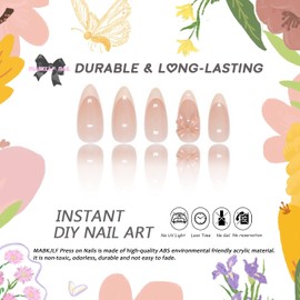 Handmade Press on Nails Medium Almond MABKJLF Nude French Tip Fake Nails False Nails with Cute Bow Charms Designs Glossy Glue on Nails Natural Nails Stick on Nails for Women Girls 24 Pcs