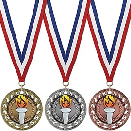 Hodges Badge Award Medals - Gold, Silver & Bronze Victory Torch RS Award Medals with Neck Ribbons - 3 Pack