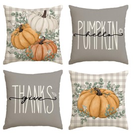 AVOIN colorlife Hello Pumpkin Give Thanks Throw Pillow Covers 20x20 Set of 4, Aqua Fall Autumn Thanksgiving Eucalyptus Leaves Harvest Decoration for Home