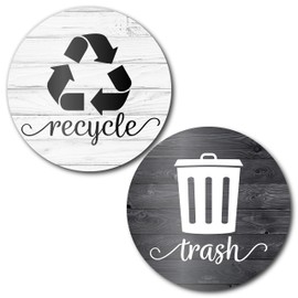 Farmhouse Recycling Stickers for Trash Can & Bins, 3.5" Recycle Stickers for Trash Bins, Laminated Recycle Sticker for Kitchen Garbage Can Recycling Bin Combo, Made in USA, Black & White Wood
