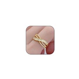 Ring Women Gold Silver Promise Fake Engagement Statement Cubic Zirconia Adjustable Jewelry Gift (Gold)