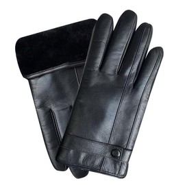 FCHITOP Men's Faux Leather Warm Thick Fleece Windproof Cold Protection Thermal Mittens Non-Slip Touch Sensitive Screen for Outdoor Driving Camping Teenagers, black