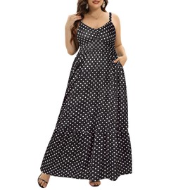 Plus Size Women Summer Dresses Beach Polka Dot Sun Boho Tiered Flowy Casual Spaghetti Strap Long Maxi Sundress Pockets