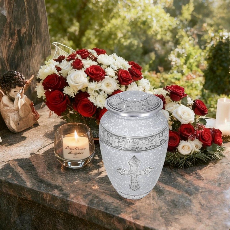 Cremation Urns for Women, White Engraved Cross Large Funeral Urn
