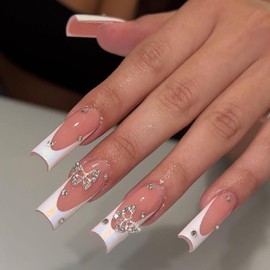 CUZIAM Long Coffin Press on Nails for Women, White French Chrome Yellow Nail Tips with 3D Metal Butterfly Rhinestones Charms Design Full Cover Glue on Nail, Glossy Reusable Easy on Gel Fake False Nail