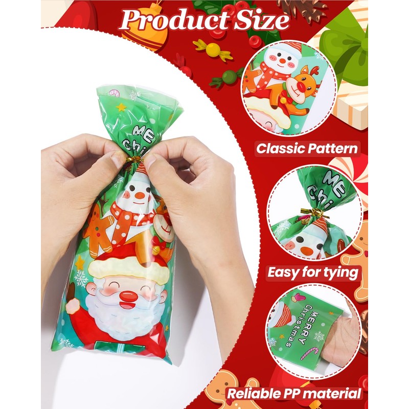 Liobelon 100 Pcs Christmas Cellophane Treat Bags Christmas Candy Treat