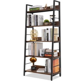 Himimi Bookshelf, Industrial Wood Bookshelves and Bookcases, Ladder Shelf 5 Tier with Metal Frame for Living Room, Bedroom, Kitchen, Home Office, Rustics Brown