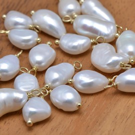 5 Pcs Selected Baroque Pearl Charms Wire Wrapped Freshwater Pearls L 9-12mm, Yellow Gold Tone