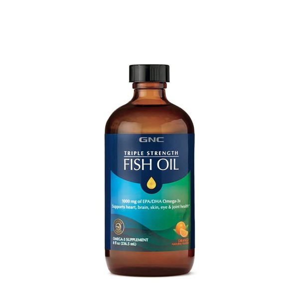 GNC Triple Strength Fish Oil | 1000 mg of EPA/DHA Omega-3s, Supports Heart, Brain, Skin, Eye, and Joint Health | Orange | 8 fl.oz