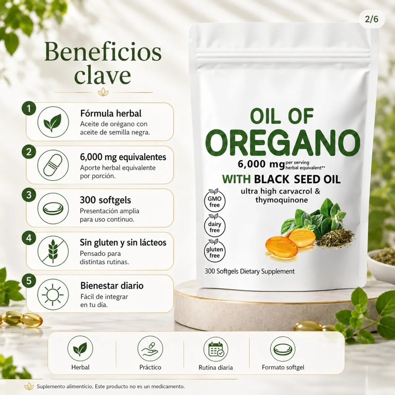 Aceite De Orégano Con Semilla Negra 300 Cápsulas 6000 Mg
