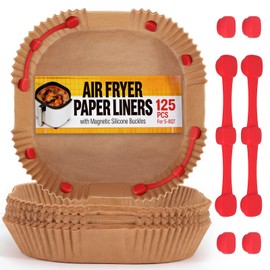 Air Fryer Liners Disposable with Air Fryer Magnets for Parchment Paper – 125Pcs Food Safe Non Stick Wood Pulp Airfryer Sheets with 6Pcs Magnetic Buckles – Temperature Resistant Material