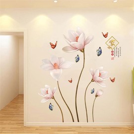 WOHAHA Pink Flowers Home Decor Embossed Flower Chinese Style Wall Decal Peel and Stick Home and Wealth Wall Art Sticker PVC Removable Sofa Background Decoration