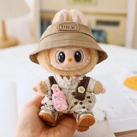 Clothes for Labubu Dolls Accessories, Cute Outfit Set 2 Pieces Bib Pants Suitable for 15 & 17cm La bubu Doll, Stylish Overalls Doll Hat Shoes Clothing Set Replacement Beige(No Doll)