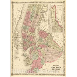 Historic Map : Johnson's New York and Brooklyn, 1866, Alvin Jewett Johnson, Vintage Wall Art : 24in x 30in
