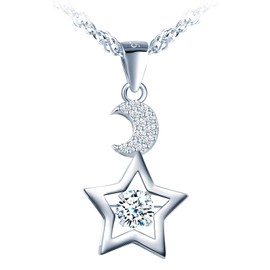 MICMIF 925 Sterling Silver Star Moon Necklace for Women Girls Dainty Moon Star Pendant with Cubic Zirconia Necklace Elegant Jewelry Gift