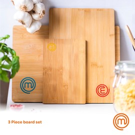 MasterChef Cutting Boards for Kitchen, Bamboo Chopping Board Set of 3, Organic Food Safe Surfaces for Preparing & Serving Meat, Cheese etc, Large, Medium & Small Wooden Boards with Color Coded Logos