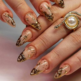 3D Gold Curve Line Press on Nails French Tips False Nails Glossy Gold Sun and Stars Acrylic Fake Nails Gel Glue on Nails Rhinestones Stick on Short Almond Nails for Coquette Women Girls 24 Pcs
