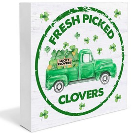 St. Patricks Day Decor Fresh Picked Clovers Wooden Sign, St Patricks Day Decorations Shamrock Truck Wood Plaque Block Sign Rustic Home Decor 5 x 5 Inches
