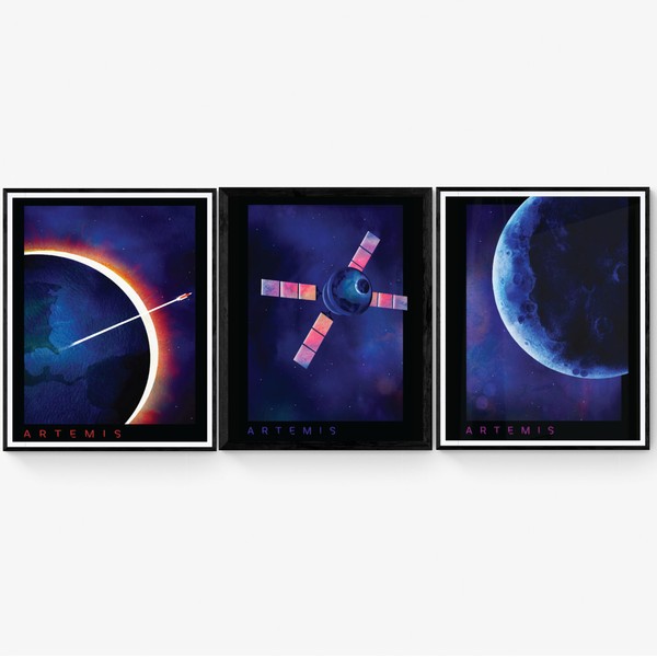 Artemis Watercolor Set of 3 Moon Mission Plan Rocket Launch