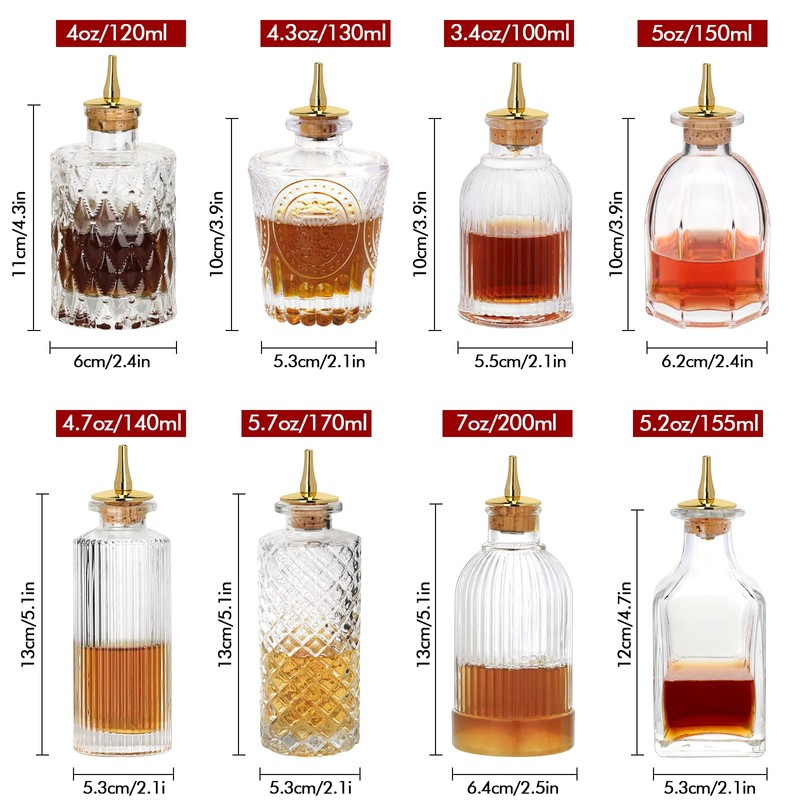 SuproBarware GLass Bitters Bottle 8pcs Set for Cocktail with Zinc