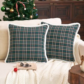 JOJOGOGO Green Christmas Tartan Plaid Pillow Covers 18x18 Set of 2 with Trim, White Fuzzy Green Buffalo Checkered Christmas Throw Pillow Covers, Decorative Green Christmas Pillows for Winter Holiday