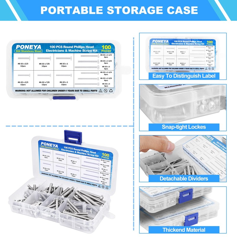 Machine Screws, 100 PCS Phillips Pan Head Electricians Screw Kit