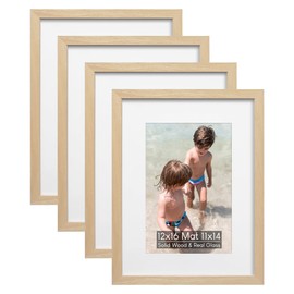 NWDCLF 12x16 Picture Frame Set of 4, Holds 11x14 Photos with Mat or 12x16 without Mat, Solid Wood and Real HD Glass for Wall Mount, Picture Frames Collage Wall Décor, Beige