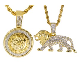 MAXBLING81 Iced Simulated Diamond 14K Gold Plated Lion Head Medal Pendant & 4mm 24" Rope Chain Hip Hop Jewelry Fashion Necklace Gift Set (Lion Necklace only)