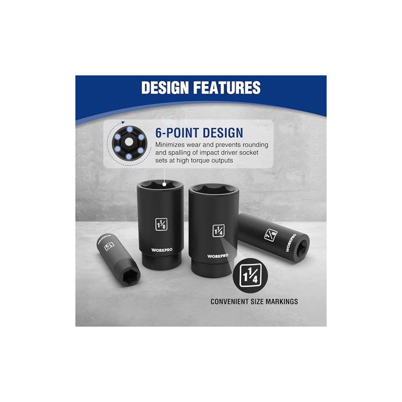 WORKPRO 14-Piece 1/2＂ Drive Deep Impact Socket Set, 6-Point Impact