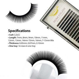 Momi Lash Volume Lash Extension, 0.05, 0.07, 0.10 Thickness C/D/CC Curl Mixed Premium Eyelash Extension, Professional Salon Use Soft Silk Lash Trays for Lash Extensions (Black 0.07 D, 7-15mm)