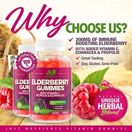 Elderberry 200mg Gummies with Vitamin C, Echinacea, Propolis (100 count) - Immune Support for Adults & Kids - Maximum Strength, Great Tasting Raspberr