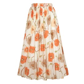 OBBUE Women's Chiffon Pleated Skirts Elastic High Waist A-line Midi Skirts for Casual Party Holiday Ivory Flower S