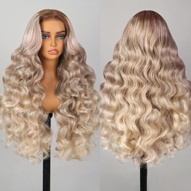 TESLAL Ash Blonde Wig Human Hair Blend Wear and Go Glueless Wigs Pre Plucked Pre Cut Lace 6X6 Body Wave Wig Ombre Blonde Hair Synthetic Wig 30Inch 260% Density