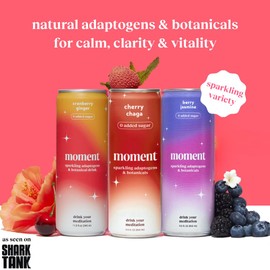 Moment Adaptogen Drink (Shark Tank) - SPARKLING Berry Blast | Cherry Chaga, Berry Jasmine and Cranberry Ginger | L-Theanine & Ashwagandha for Calm & Clarity | 0 Added Sugar, 0 Alcohol | 12-pack