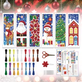 ORIGACH 6 Set Christmas Cross Stitch Bookmark Kit for Beginner with Backing Felt Floss Instructions DIY Stamped Embroidery Bookmark Kit for Adults, Book Lovers