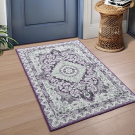 Foxmas Small Rugs for Entryway 2x3 Feet, Non-Slip Doormat Indoor Entrance Vintage Washable Area Rug, Low Pile Throw Rugs for Entryway Bedroom Kitchen Living Room, Purple