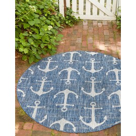 Unique Loom Outdoor Coastal Collection Area Rug - Ahoy (4' Round Blue/Ivory)