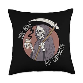 Smarty Pants Designs Dead Inside But Caffeinated Skeleton, Reaper Coffee Lover Throw Pillow, 18x18, Multicolor