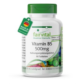 fairvital, Vitamin B5 500 mg, 90 Tablets, Swallow-friendly, Calcium D-pantothenate, Quality-Tested and High Dosage, 100% Vegan, Made in Germany
