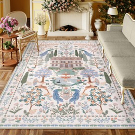 LIVEBOX Washable Rug 8x10 Area Rugs for Living Room, Non-Slip Low Pile Floral Bedroom Rug 8x10 Under Bed, Large Farmhouse Carpet for Living Room, Dining Room, Nursery, Playroom, Beige