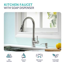 Kicimpro Kitchen Sink Faucet with Soap Dispenser, 3 Modes Kitchen Faucet with Pull Down Sprayer and Soap Dispenser, 304 Stainless Brushed Nickel Single Handle Kitchen Bar Faucets with Water Lines