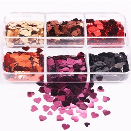 6 Grids 3D Heart Nail Glitter Sequins Valentine's Day Nail Art Stickers Love Nail Decals Holographic Laser Heart Nail Designs Red Black Rose Gold Heart Glitter for Acrylic Nails Decorations