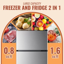 DEMULLER 2.4 Cu.ft Mini Fridge with Double Doors Silver Small Refrigerator with Separate Freezer & 7 Adjustable Temperature Control, Tiny Size & Personal Fridge Ideal for Office Apartment Dorm