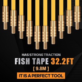 GURADESIGN 32.2FT Fiberglass Running Electrical Wire Cable Glow Rods Wire Pulling, Fish Rods Electrical Kit with 6 Different Attachments and Fish Tape Wire Puller Kit (Yellow)