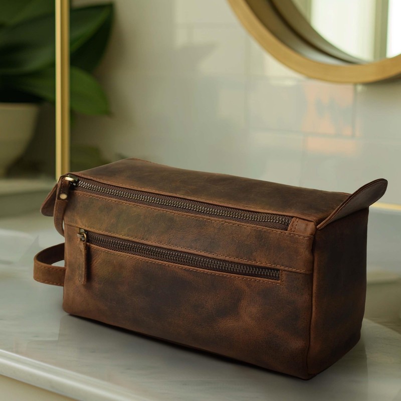 LEATHER VILLAGE Premium Leather Travel Toiletry Bag - Unisex Water-Resistant