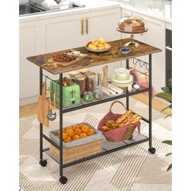 ThreeHio Kitchen Island with 3 Shelves, Rolling Kitchen Cart with 6 Hooks and Protective Shelf, Microwave Stand on Lockable Wheels, Bakers Rack Coffee Bar for Ding, Living Room, Outdoor, Metal Frame