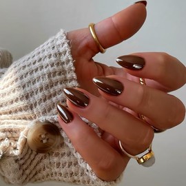 Uñas postizas cortas de almendra color marrón café cromado, uñas postizas de gel esmaltado con pegamento para uso diario en mujeres, uñas acrílicas gr