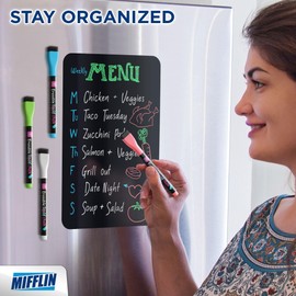 Mifflin-USA Magnetic Dry Erase Black Board Sheet for Fridge (12 x 8), Stain-Resistant Refrigerator Blackboard Organizer, Kitchen Planner Board w/ 4 Fine-Tipped Markers & Convenient Wipe Cloth