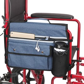 Wheelchair Storage Bag, Double-Sided Armrest Pouch with Cup Holder and Reflective Strip, for Wheelchairs and Walkers (Black)