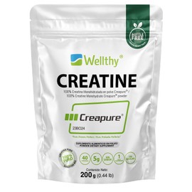 Wellthy Creatina Monohidratada Creapure® 200g. 100% Pura. Solo 1 Ingrediente Creatina Alemana Creapure®. Vegana, Sin Azúcar, 40 porciones, 5g por porción, Pre Enteno con Scoop. Pure. Proven. Perfect